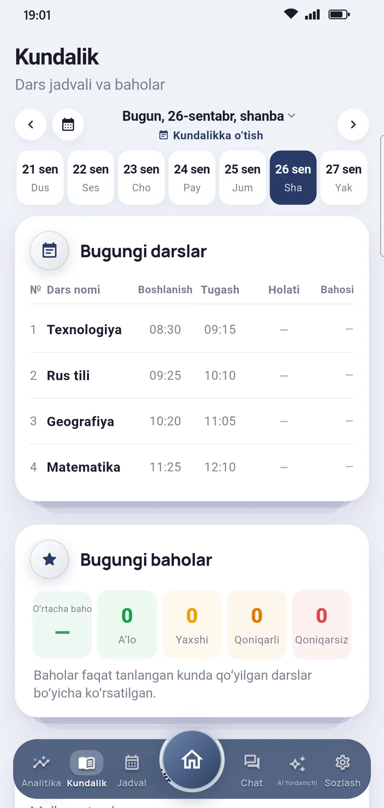Kundalik: bugungi darslar va baholar