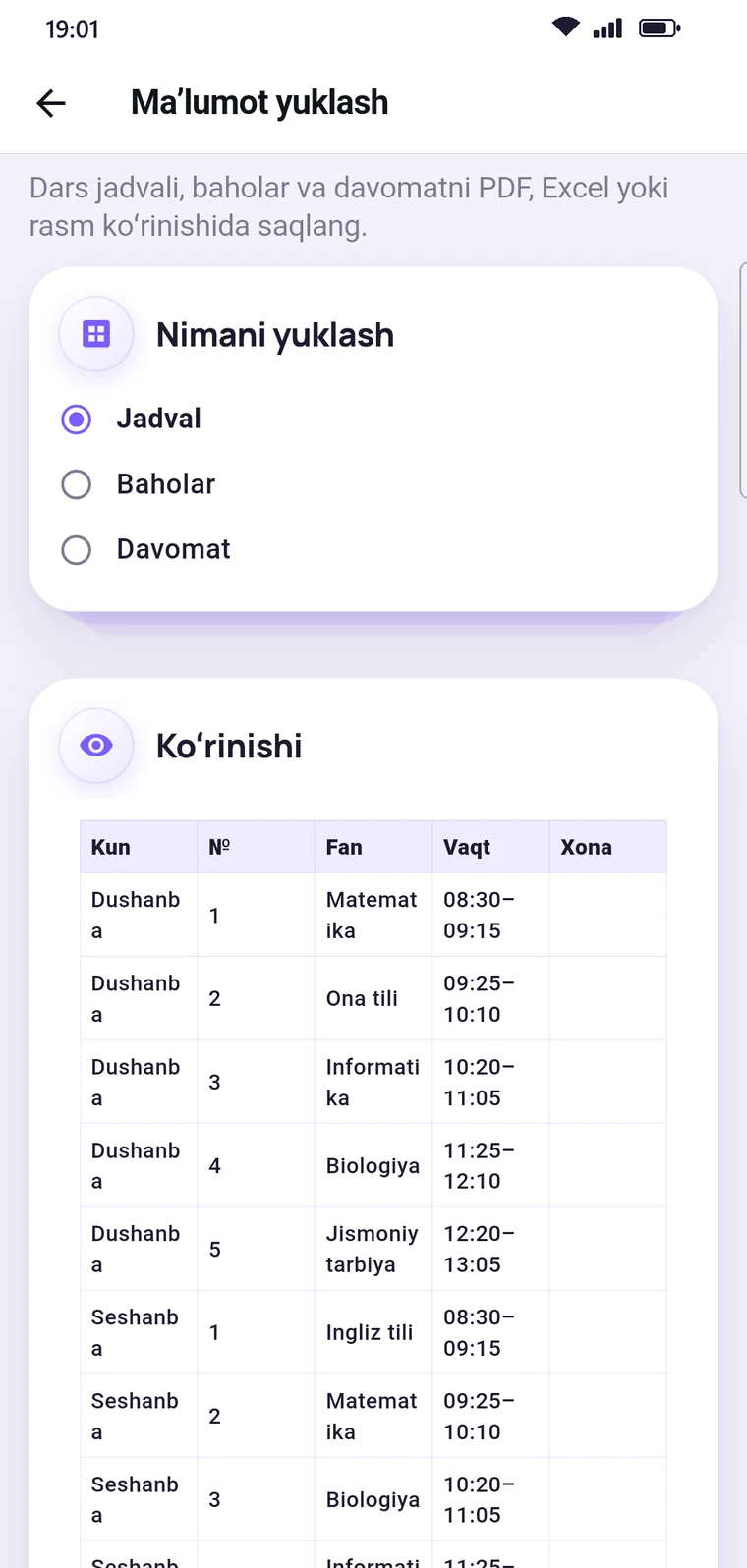 Oʻqituvchi ilovasi: hisobotlar